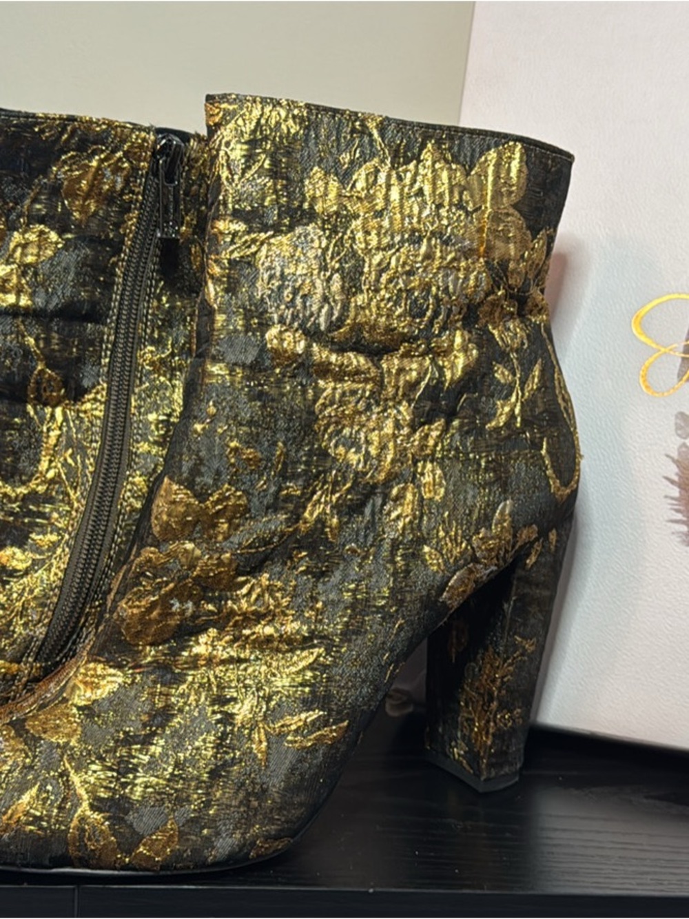 Jessica Simpson Black and Gold Brocade Ankle Booties